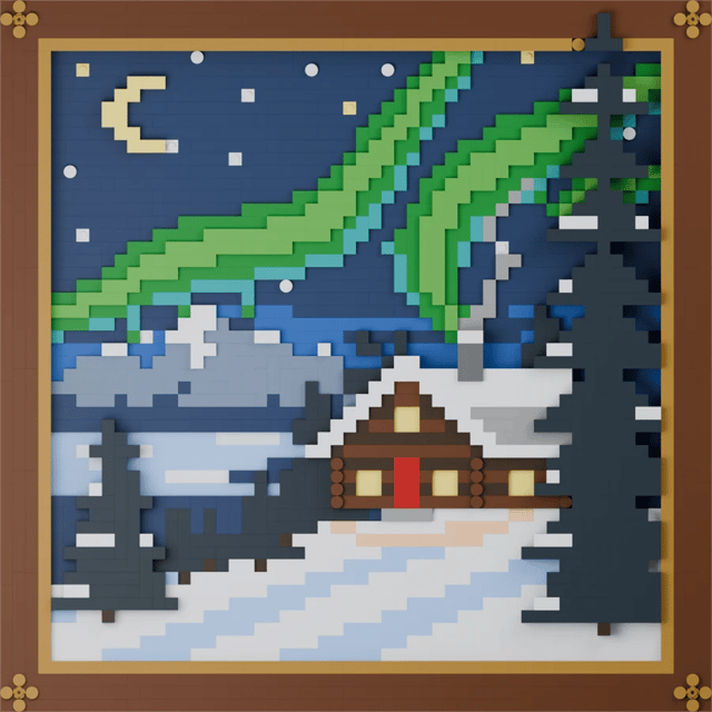 Framed brick picture of a snowy log cabin with yellow windows and a red door under green northern lights, a crescent moon and pine trees