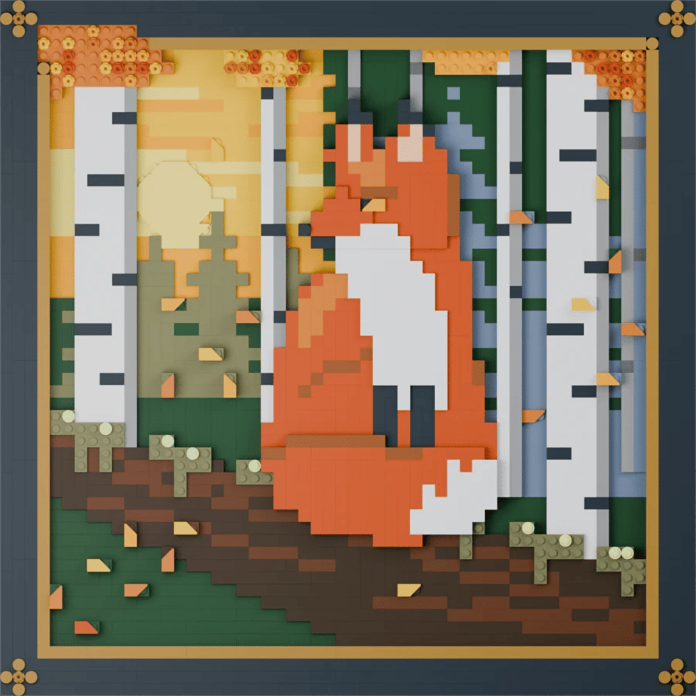 Framed brick picture of a red fox sitting on a mossy log among white birch trees