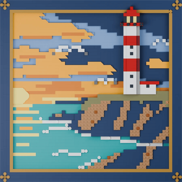 Framed brick picture of a red and white lighthouse on a cliff at sunset