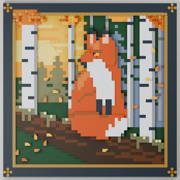 A fox among birch trees as framed brick art in the bold shapes look