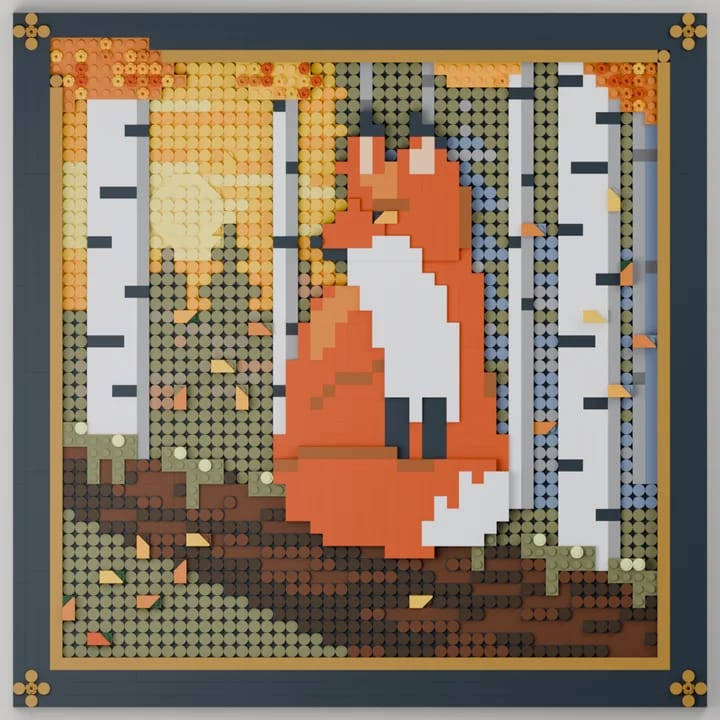 A fox among birch trees as framed brick art in the painterly look