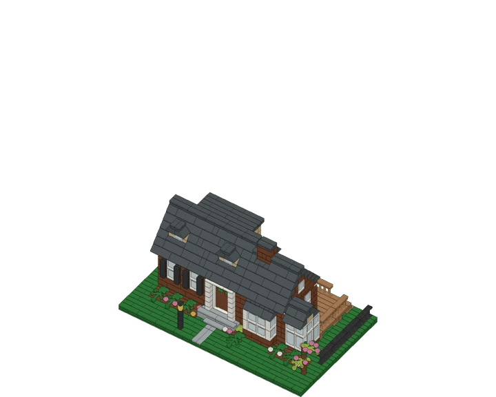 A 1,000-piece brick model of a house with a gray roof, dormers and a front garden