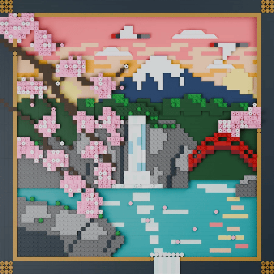 Framed brick picture of Mount Fuji at sunset with cherry blossoms, a waterfall and a red arched bridge