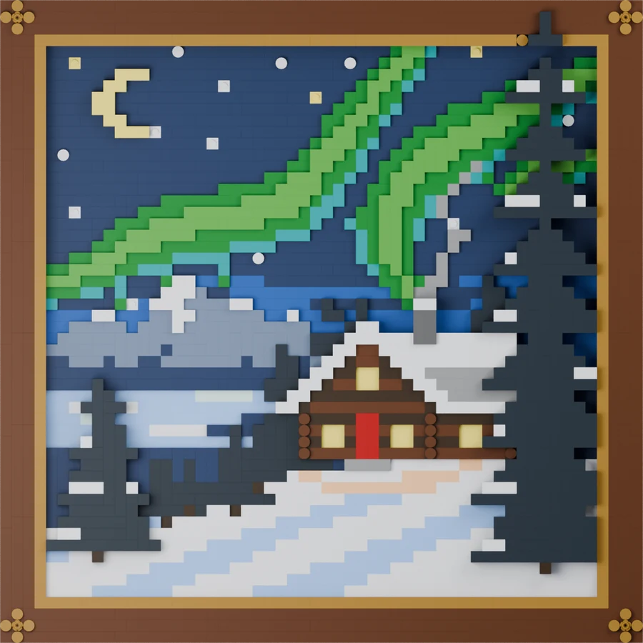 Framed brick picture of a log cabin with glowing windows under green northern lights