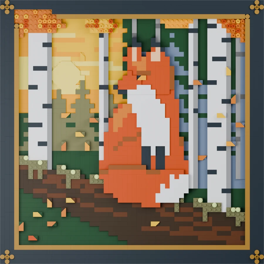 Framed brick picture of a red fox sitting on a mossy log among white birch trees