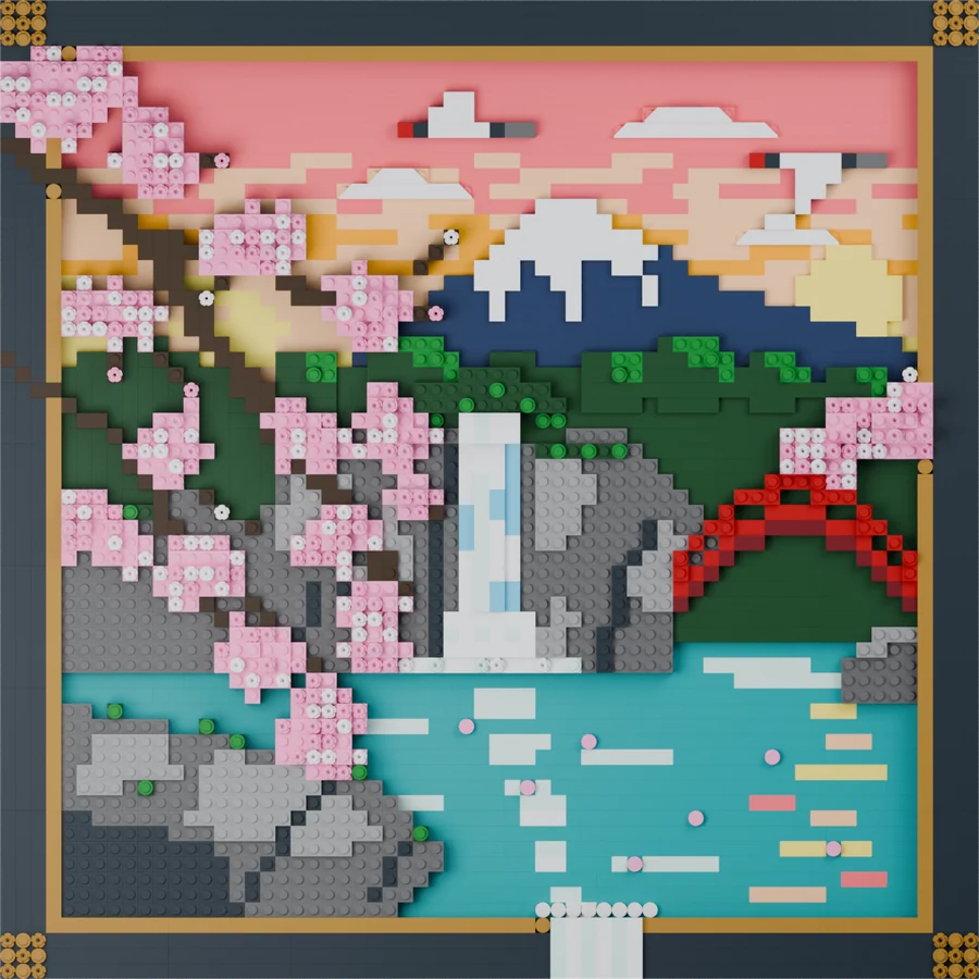 Framed brick picture of Mount Fuji at sunset with cherry blossoms, a waterfall and a red arched bridge