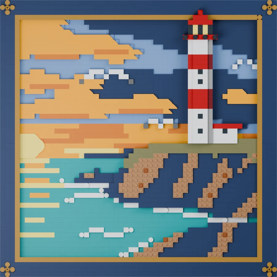 Framed brick picture of a red and white lighthouse on a cliff at sunset
