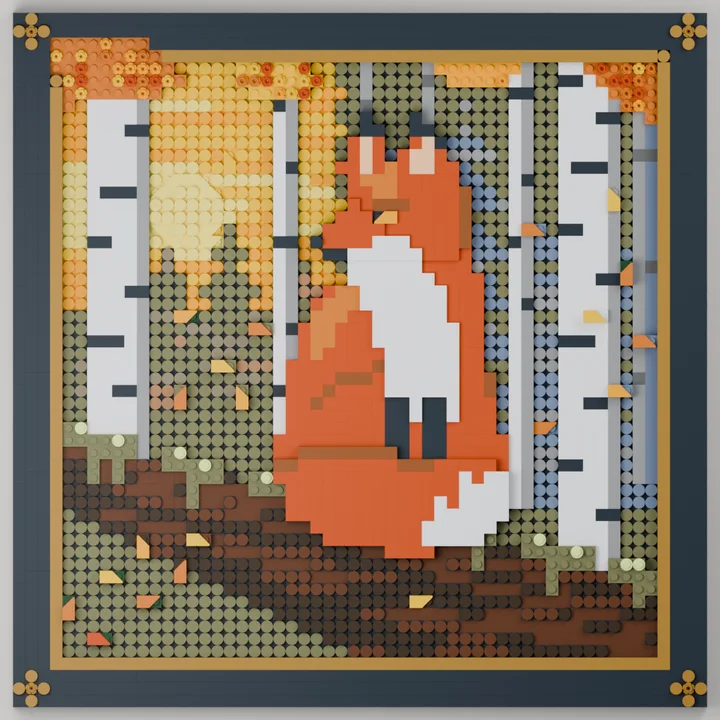 A fox among birch trees as framed brick art in the painterly look