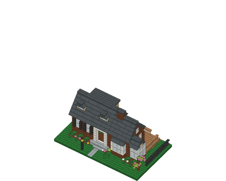 A 1,000-piece brick model of a house with a gray roof, dormers and a front garden