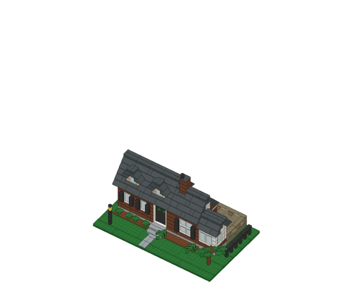 A 500-piece brick model of a red brick house with a gray roof and a side patio